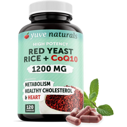 Yuve 100 percent Natural Red Yeast Rice 1200mg with CoQ10 100mg front bottle label for heart health
