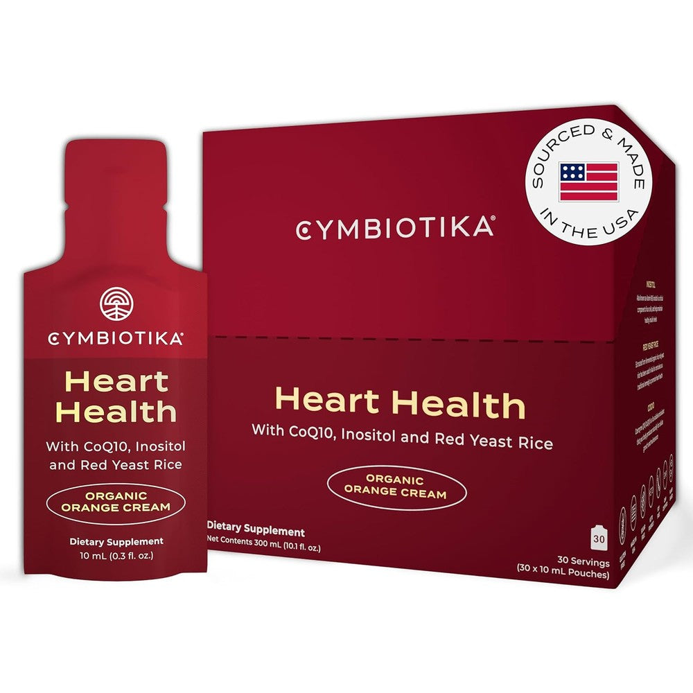 Cymbiotika Heart Health Supplement front view of the 30 pouch box for premium cardiovascular support.