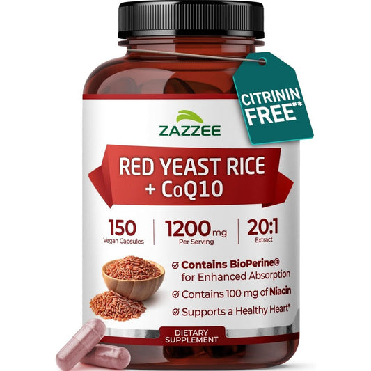 Zazzee Naturals Extra Strength Red Yeast Rice with CoQ10 75 Vegan Capsules front bottle view