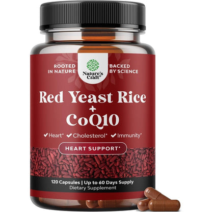 Natures Craft Red Yeast Rice with CoQ10 120 Capsules front view bottle for heart health