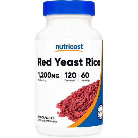Nutricost Red Yeast Rice 1200mg 120 vegetarian capsules front bottle view for cardiovascular health support.