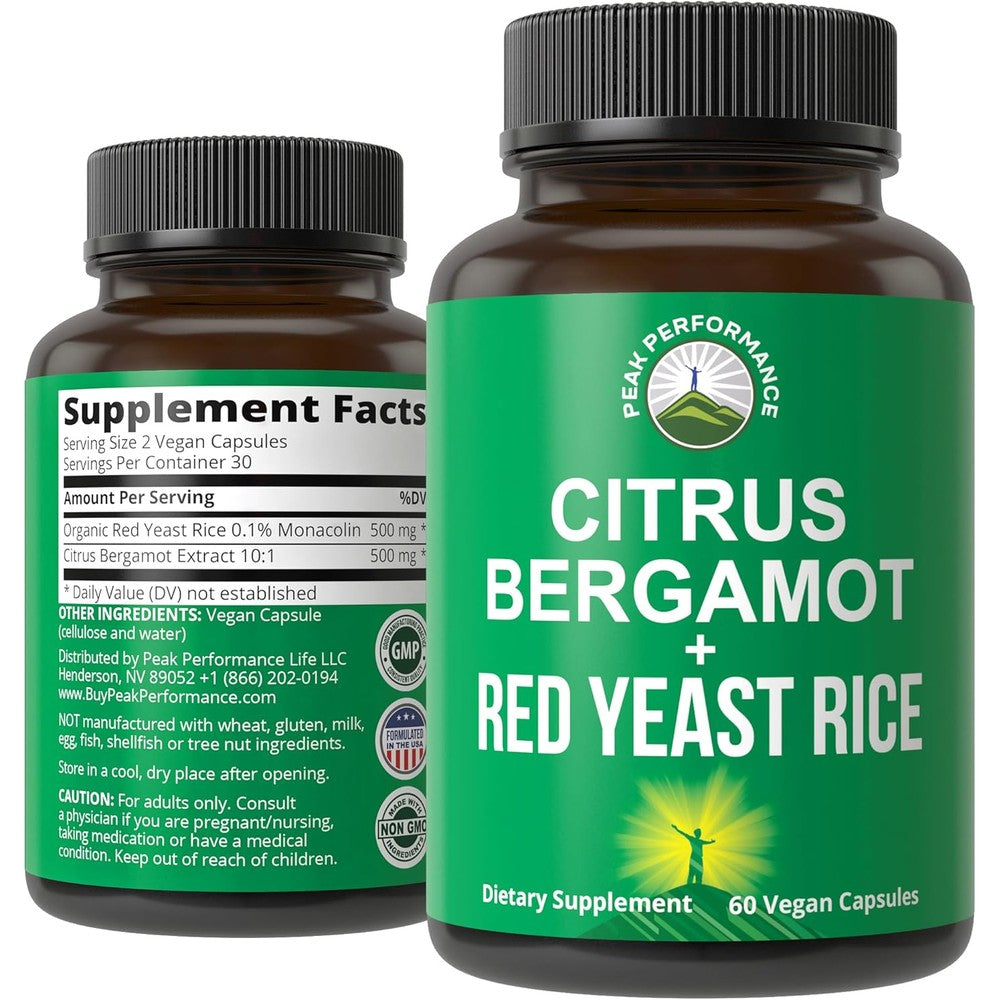 Peak Performance Citrus Bergamot and Red Yeast Rice bottle front view for premium heart health support.