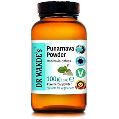 Dr. Wakde's Punarnava Powder 100g glass bottle front view showing pure Ayurvedic herbal root supplement