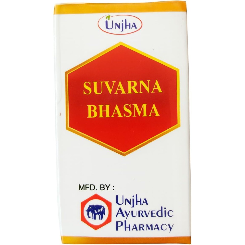 Shree Unjha Pharmacy Suvarna Bhasma gold powder front view bottle packaging