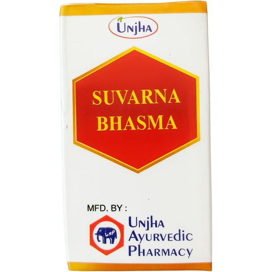 Shree Unjha Pharmacy Suvarna Bhasma gold powder front view bottle packaging