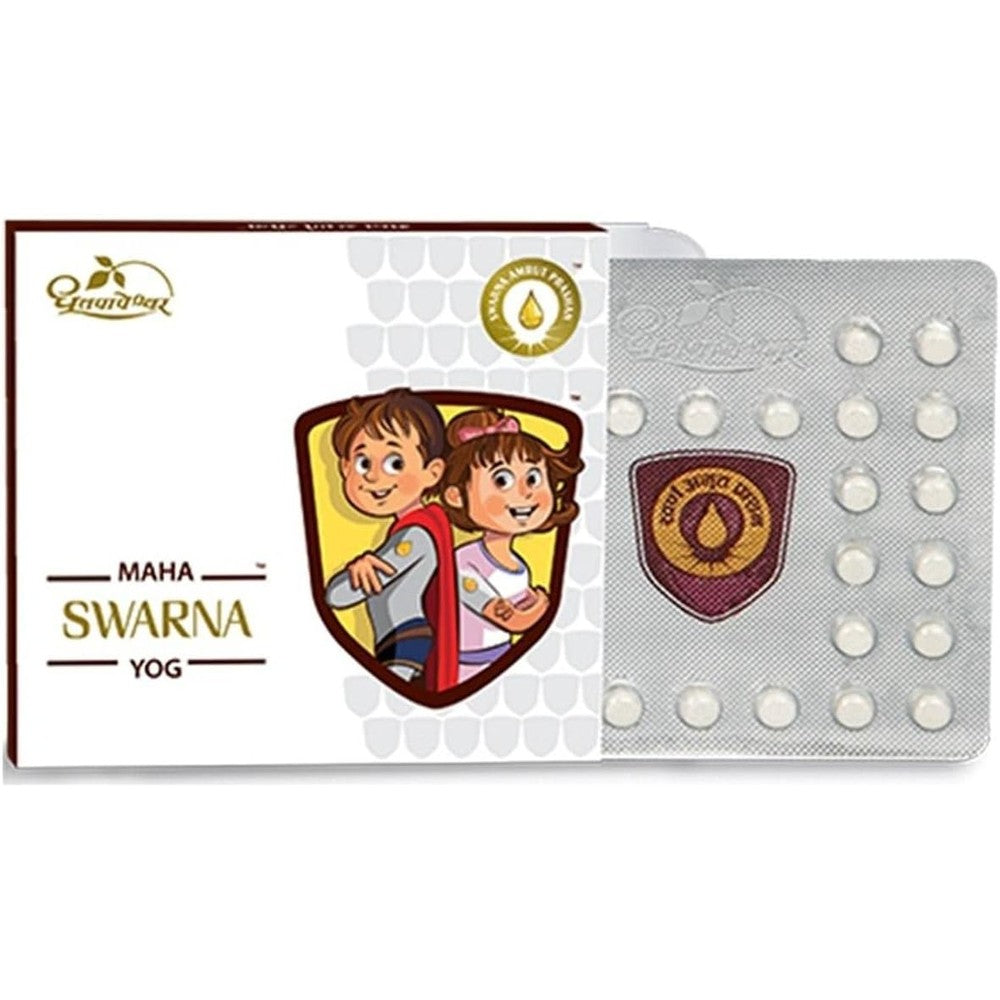 Dhootapapeshwar Maha Swarna Yog Suvarnaprashan 30 Tablets front view showcasing authentic Ayurvedic immunity supplements for children.