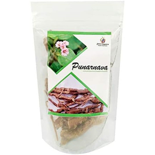 Jioo Organics Punarnava Root raw powder supplement packaging front view.