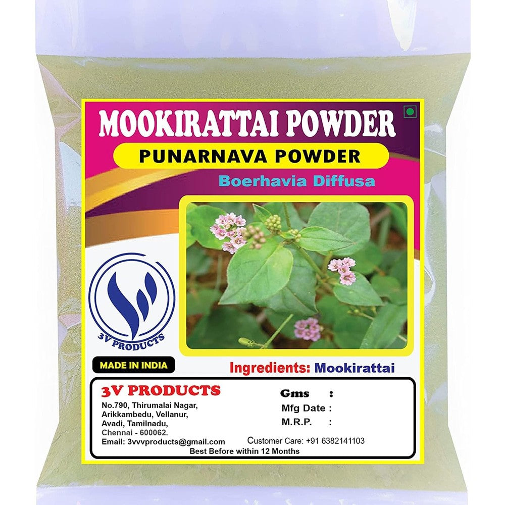 A.K. 3V Products Mookirattai Punarnava Powder 100g front package view showing authentic yellow and red label