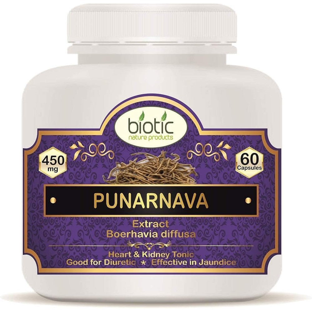 Veena Biotic Punarnava 450mg 60 capsules front view bottle showing product labeling and brand information for authentic Ayurvedic supplement