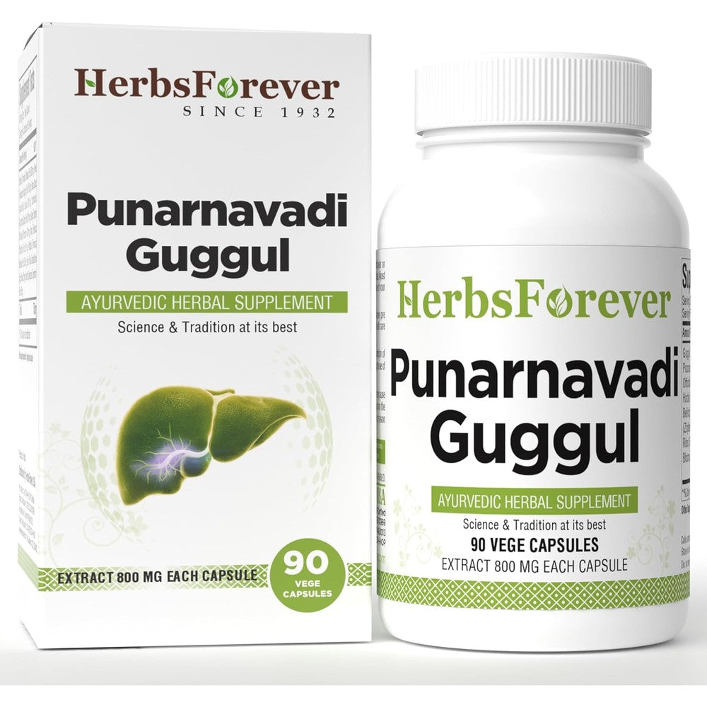Herbsforever Punarnavadi Guggulu 90 vegetable capsules front bottle view for kidney health.