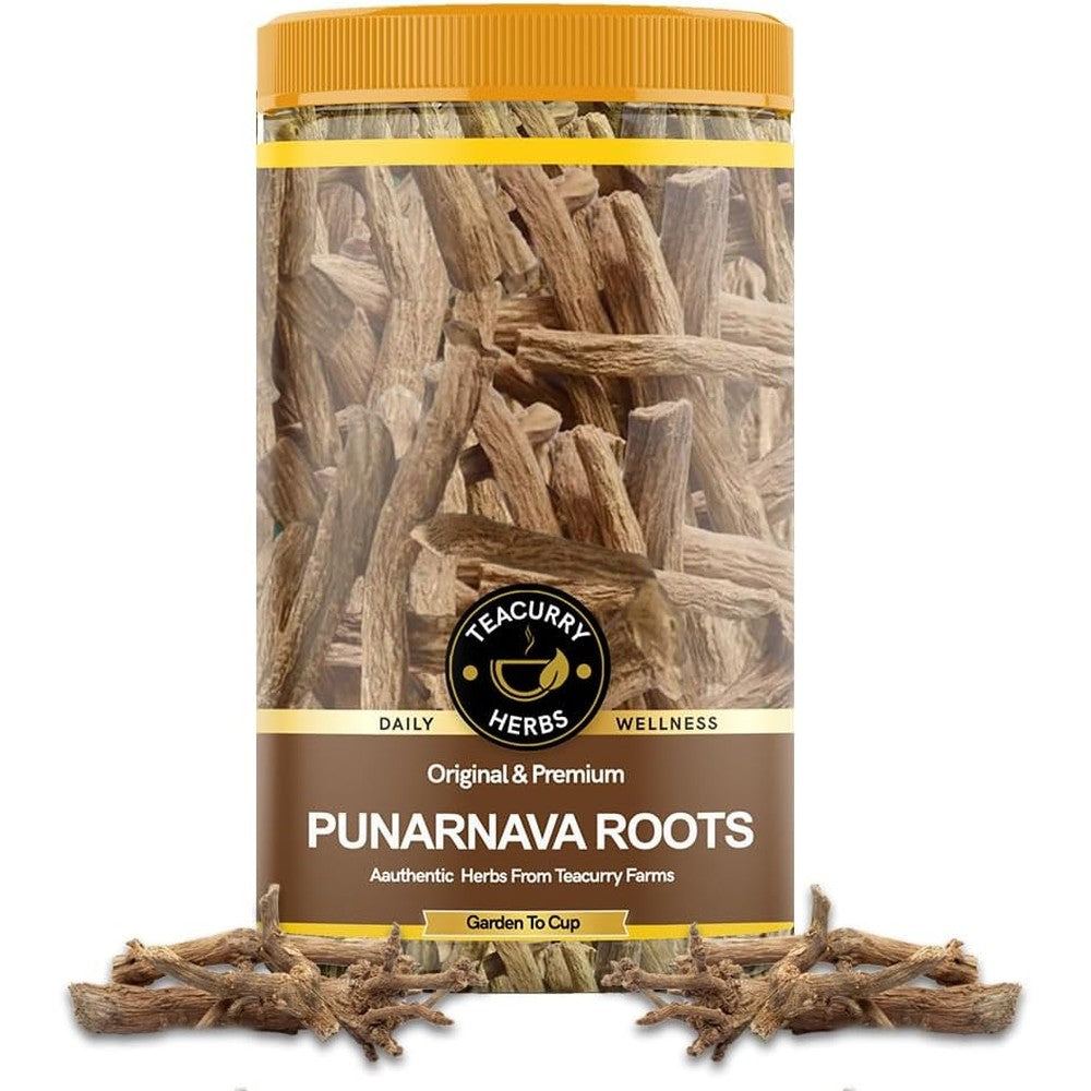 Teacurry Organic Punarnava Roots 70g transparent container front view showing premium dried herbal roots.