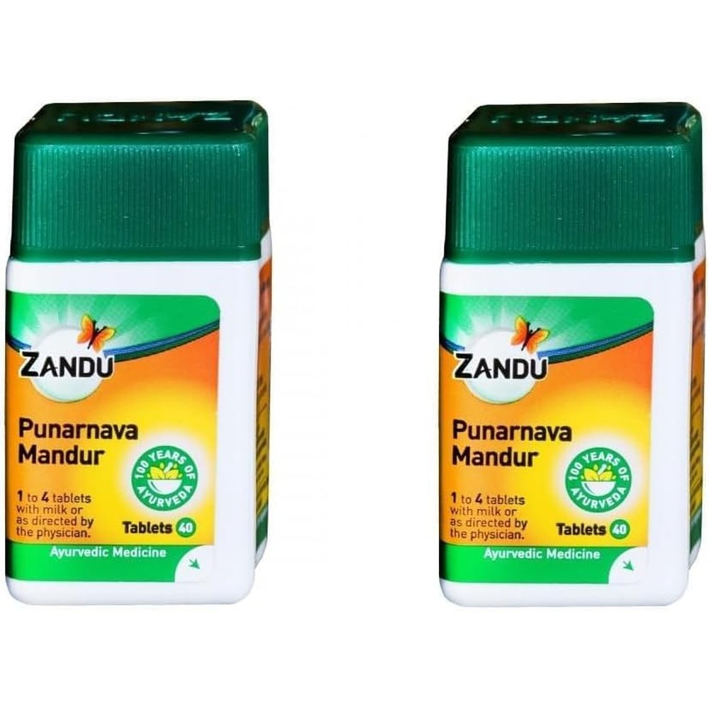 Zandu Punarnava Mandur Ayurvedic Tablets Pack of 2 front view showing herbal supplement bottles for healthy blood count support.