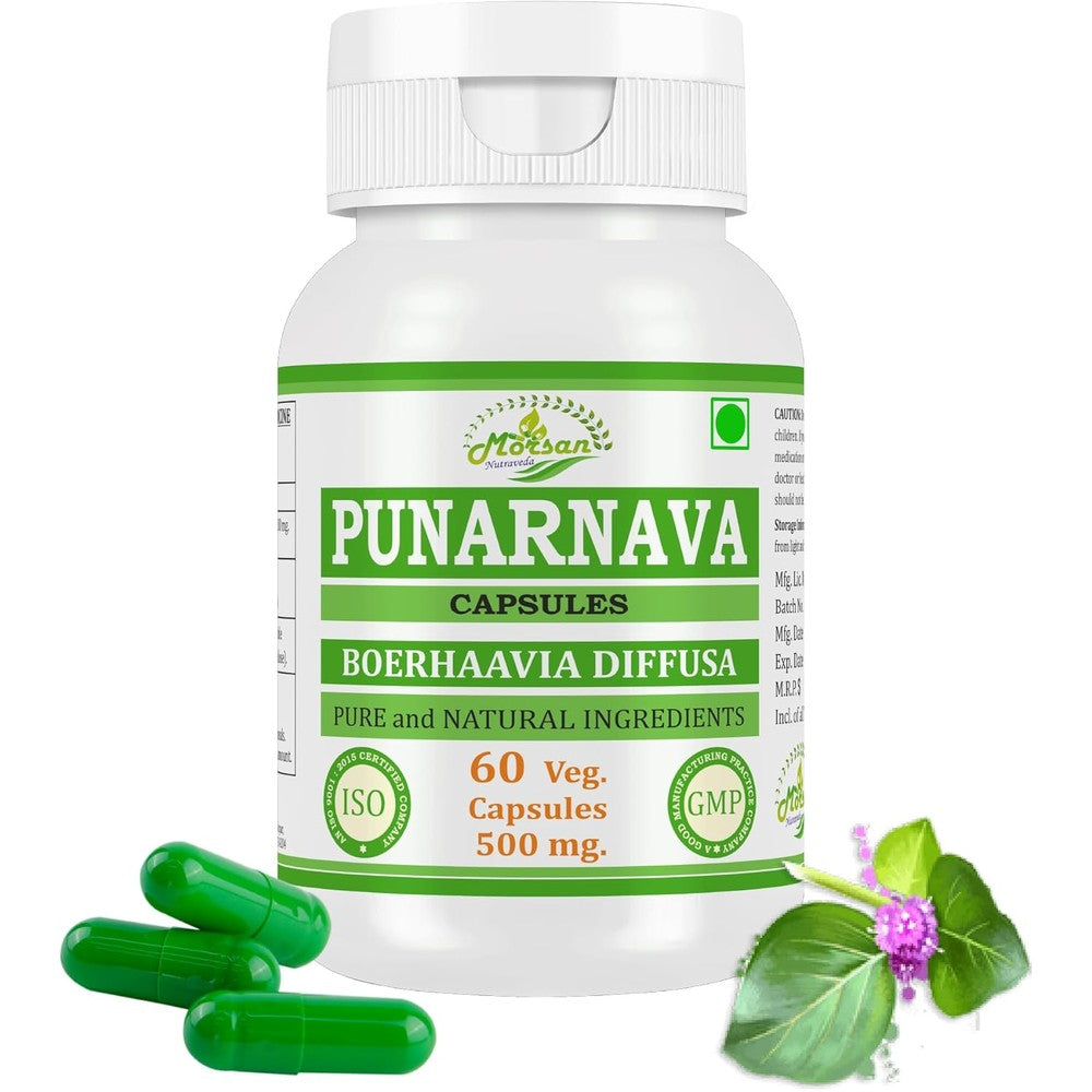 Morsan Nutraveda Punarnava Mandur 60 capsules bottle front view showing authentic ayurvedic packaging.