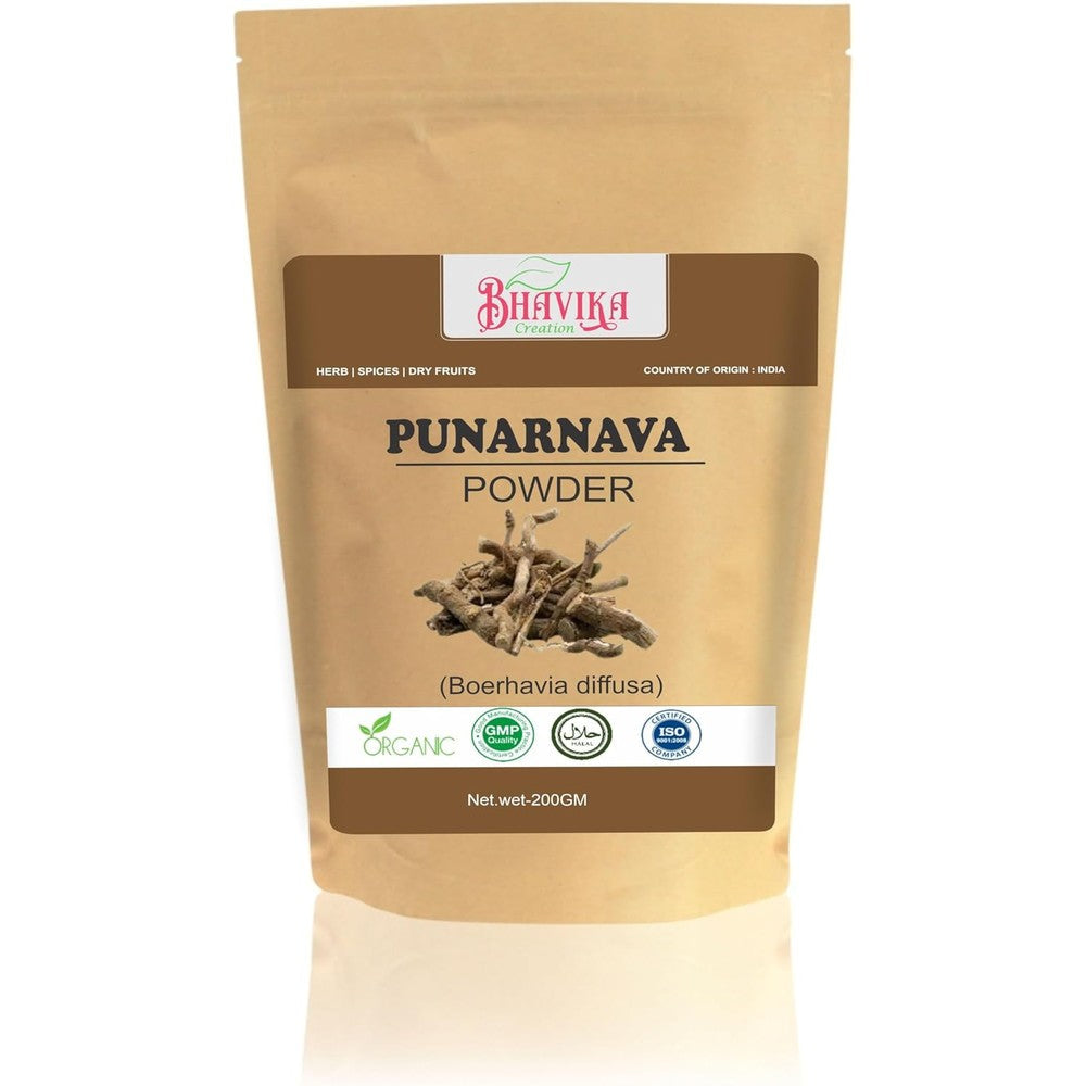 Bhavika Creation Organic Punarnava Powder 200 grams front package view showing organic and GMP certification logos.