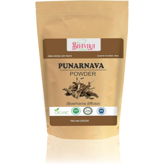Bhavika Creation Organic Punarnava Powder 200 grams front package view showing organic and GMP certification logos.