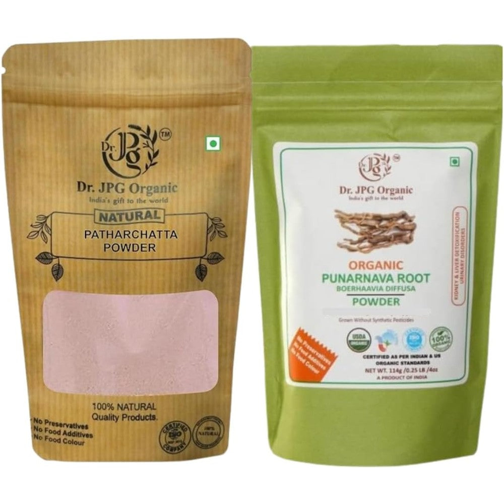 Dr. JPG Organic Patharchatta and Punarnava Root Powder front view package for kidney and liver detox care.