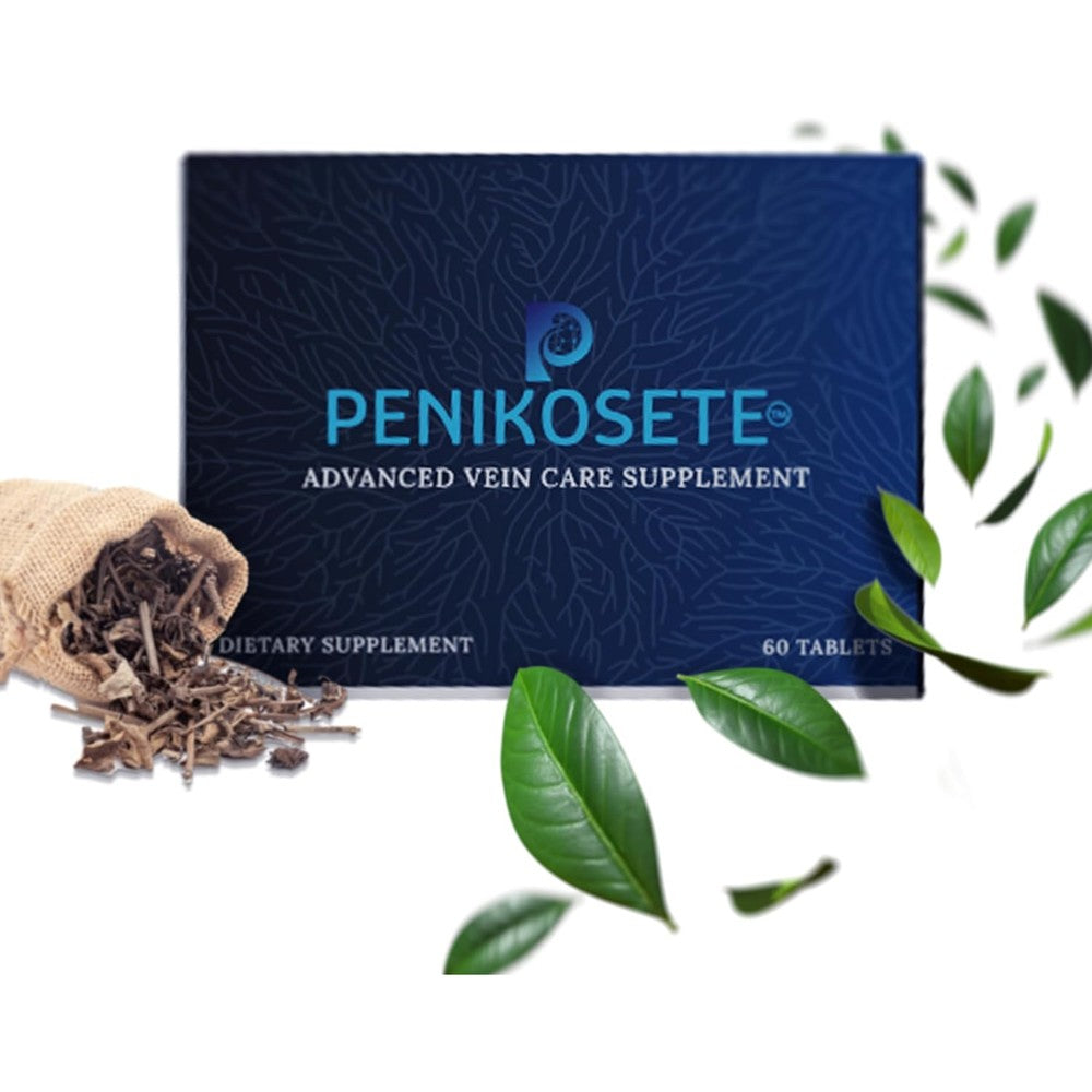 Penikosete Advanced Ayurvedic Vein Support 60 tablets front view showing packaging details.