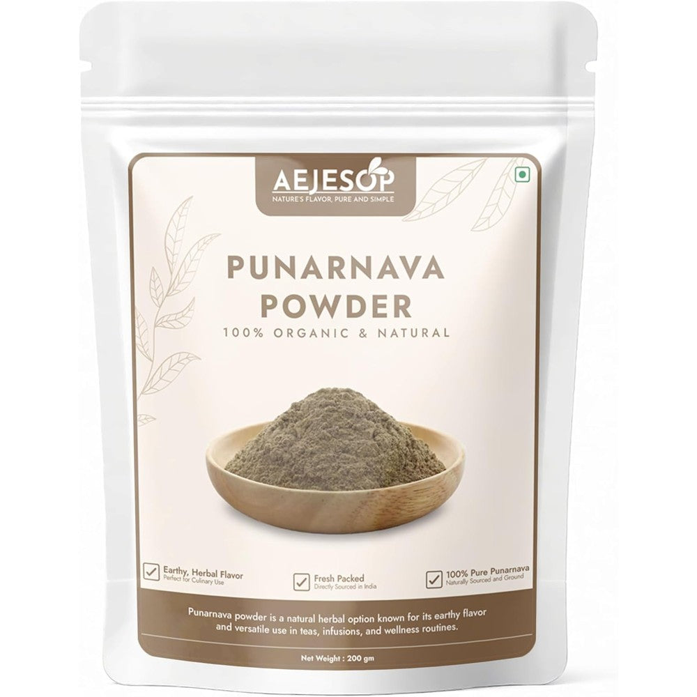 Aejesop Organic Punarnava Powder 200g front view packaging showing Ayurvedic supplement details.