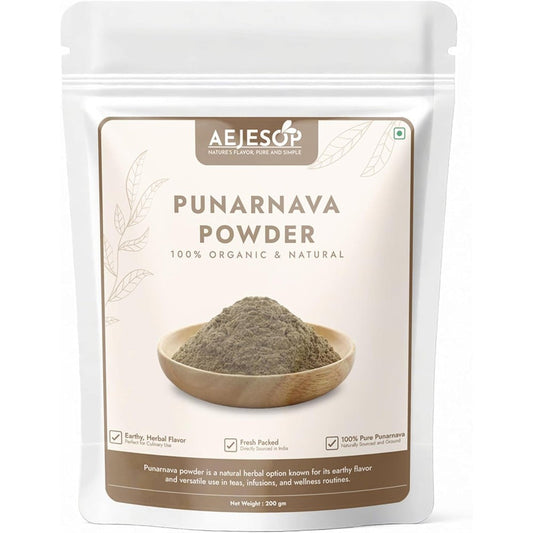 Aejesop Organic Punarnava Powder 200g front view packaging showing Ayurvedic supplement details.