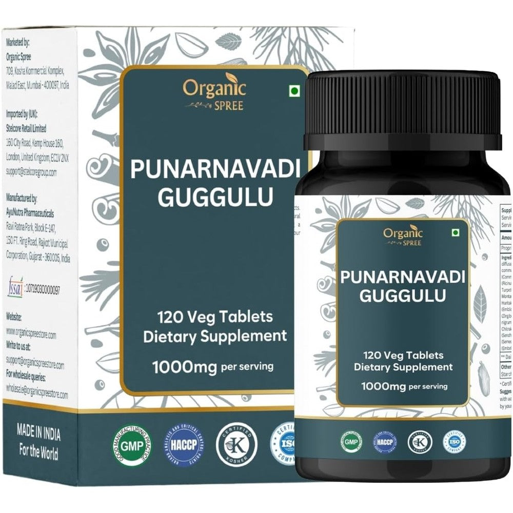 Organic Spree Punarnavadi Guggulu one hundred and twenty tablets front bottle label view showcasing kidney support benefits