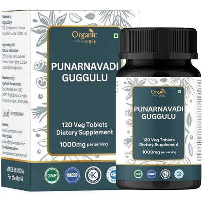 Organic Spree Punarnavadi Guggulu one hundred and twenty tablets front bottle label view showcasing kidney support benefits