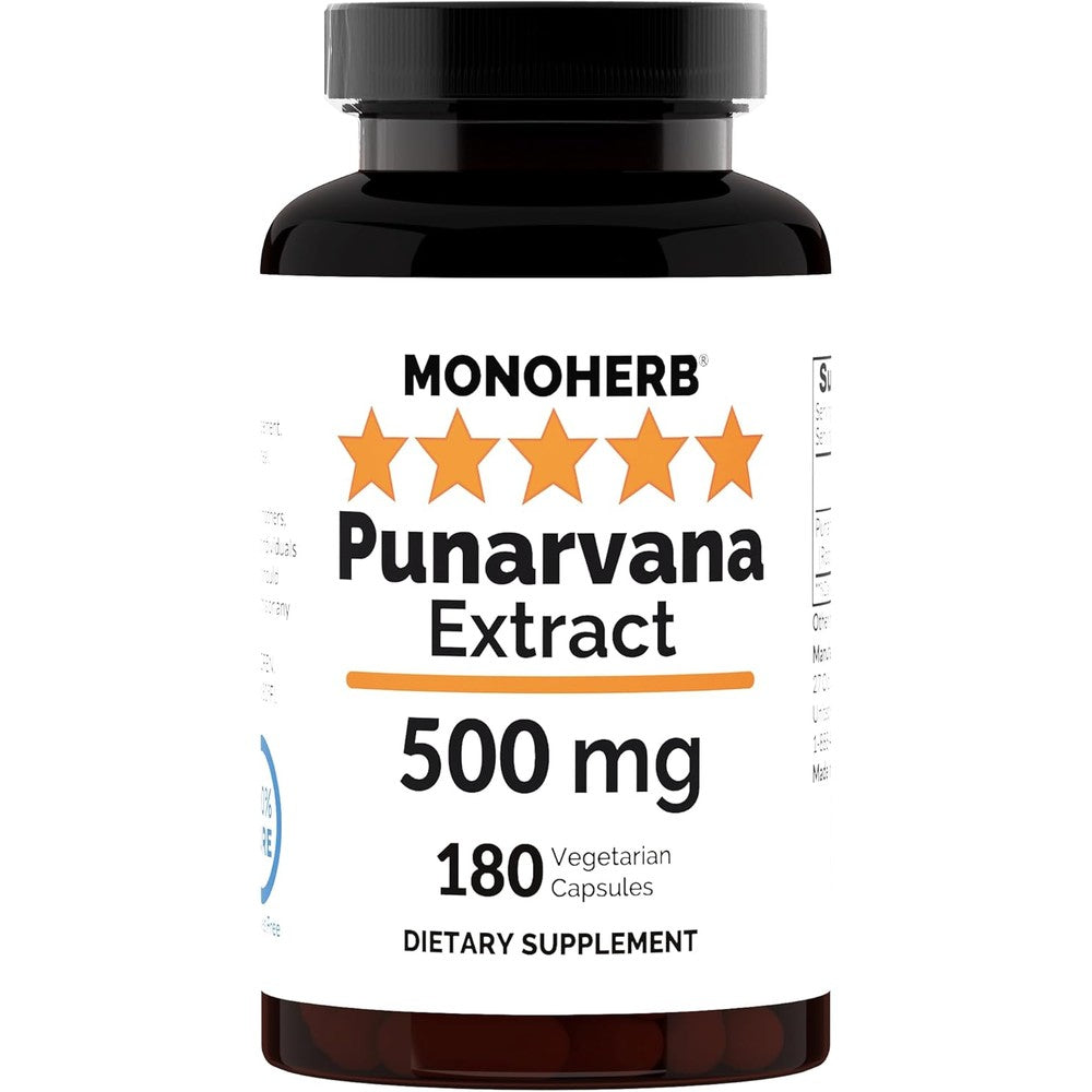 Monoherb Punarnava Extract 500 mg 180 capsules front view bottle for kidney support