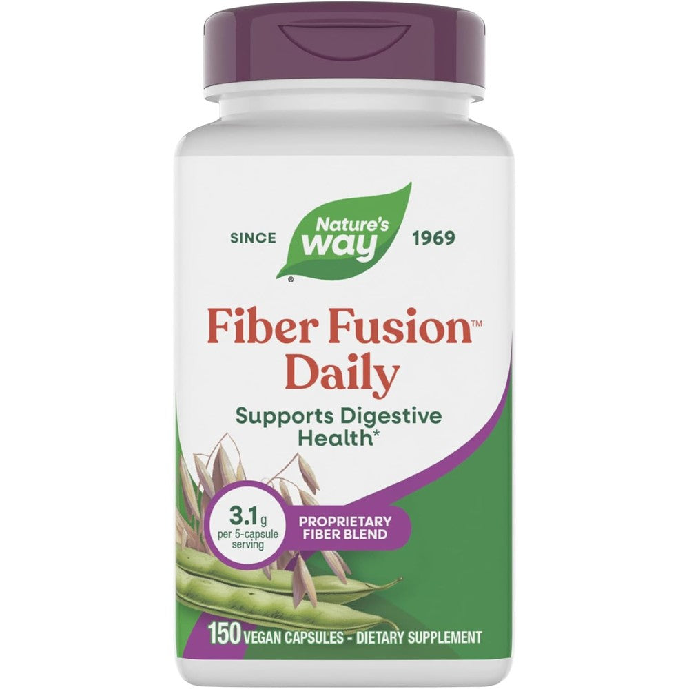 Nature's Way Fiber Fusion Daily front view bottle showing 150 vegan capsules for natural digestive support.