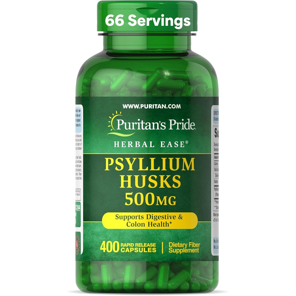 Puritan's Pride Herbal Ease Psyllium Husks 500 mg 400 Capsules front view