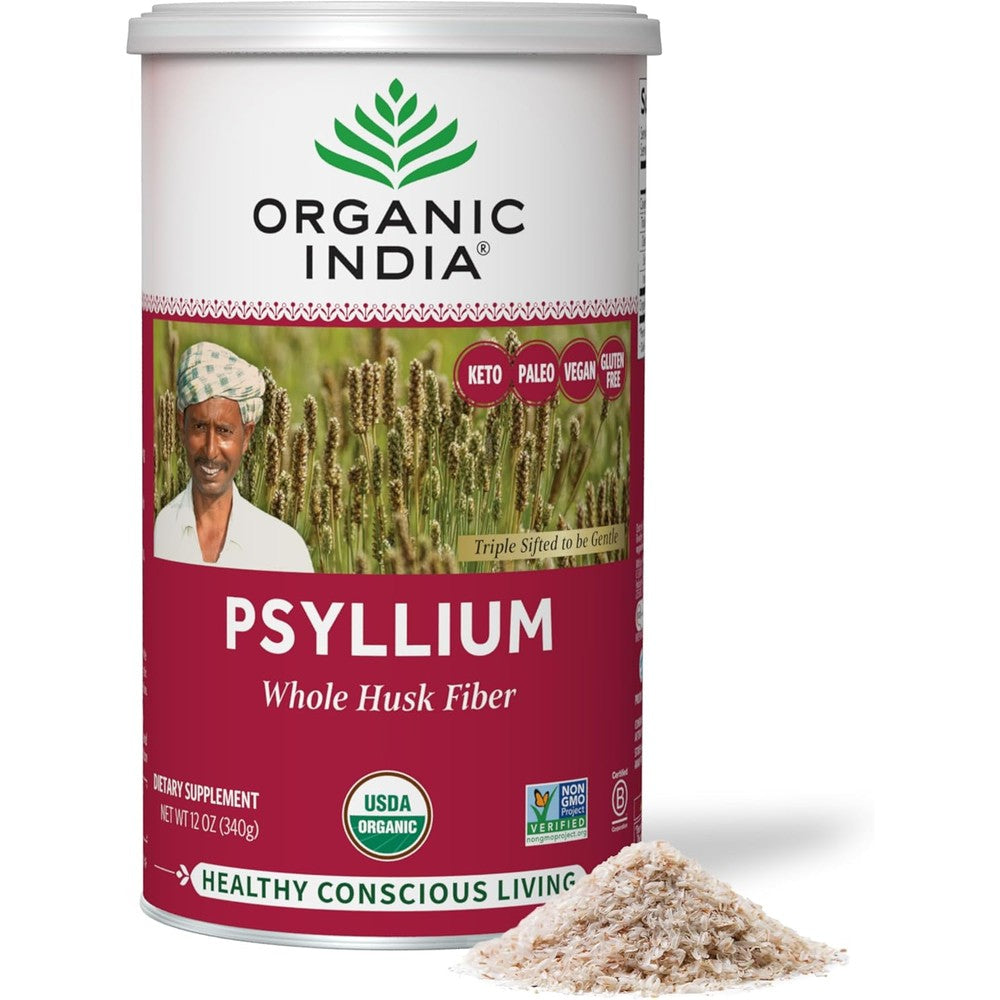 Organic India Whole Psyllium Husk 12 Ounce Canister front view showing dietary fiber supplement labeling