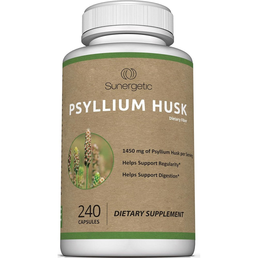 Sunergetic Premium Psyllium Husk Fiber Supplement 240 Capsules bottle front view