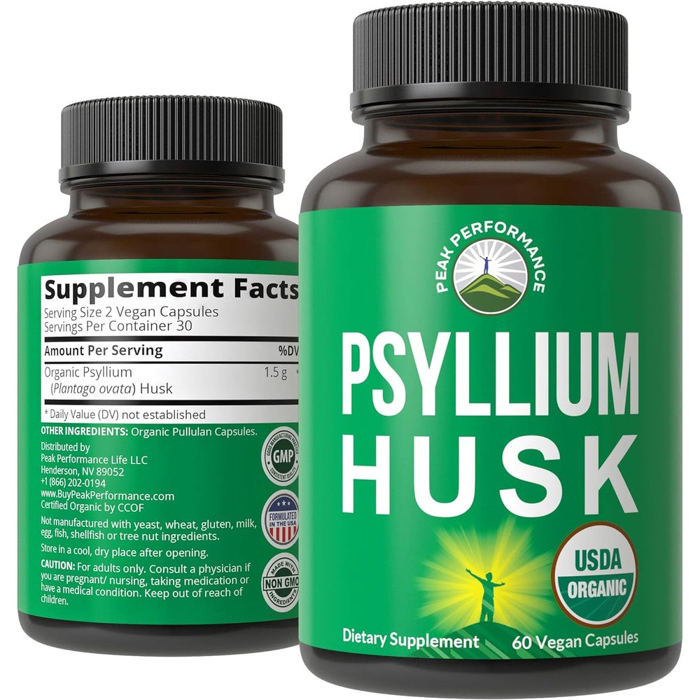 Peak Performance USDA Organic Psyllium Husk 60 Vegan Capsules bottle front view
