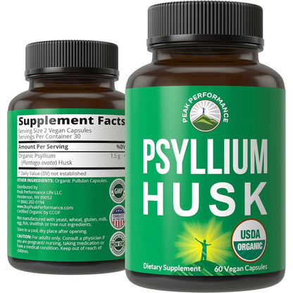 Peak Performance USDA Organic Psyllium Husk 60 Vegan Capsules bottle front view