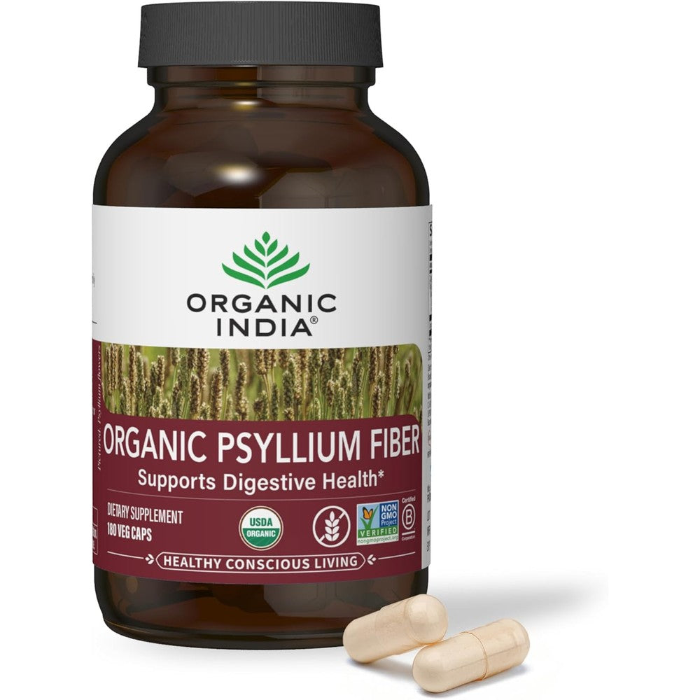 Organic India Psyllium Husk Capsules front view 180 count bottle