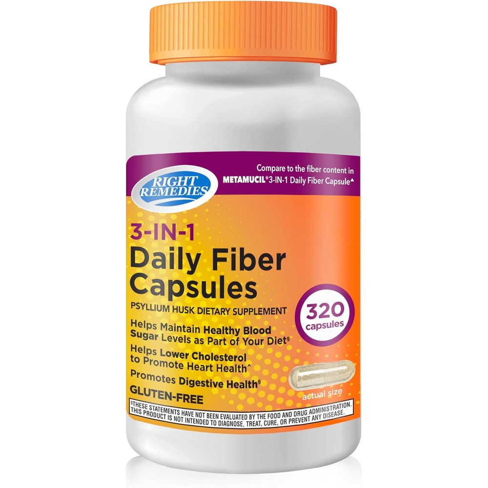 Right Remedies 3-in-1 Daily Psyllium Husk capsules bottle front view