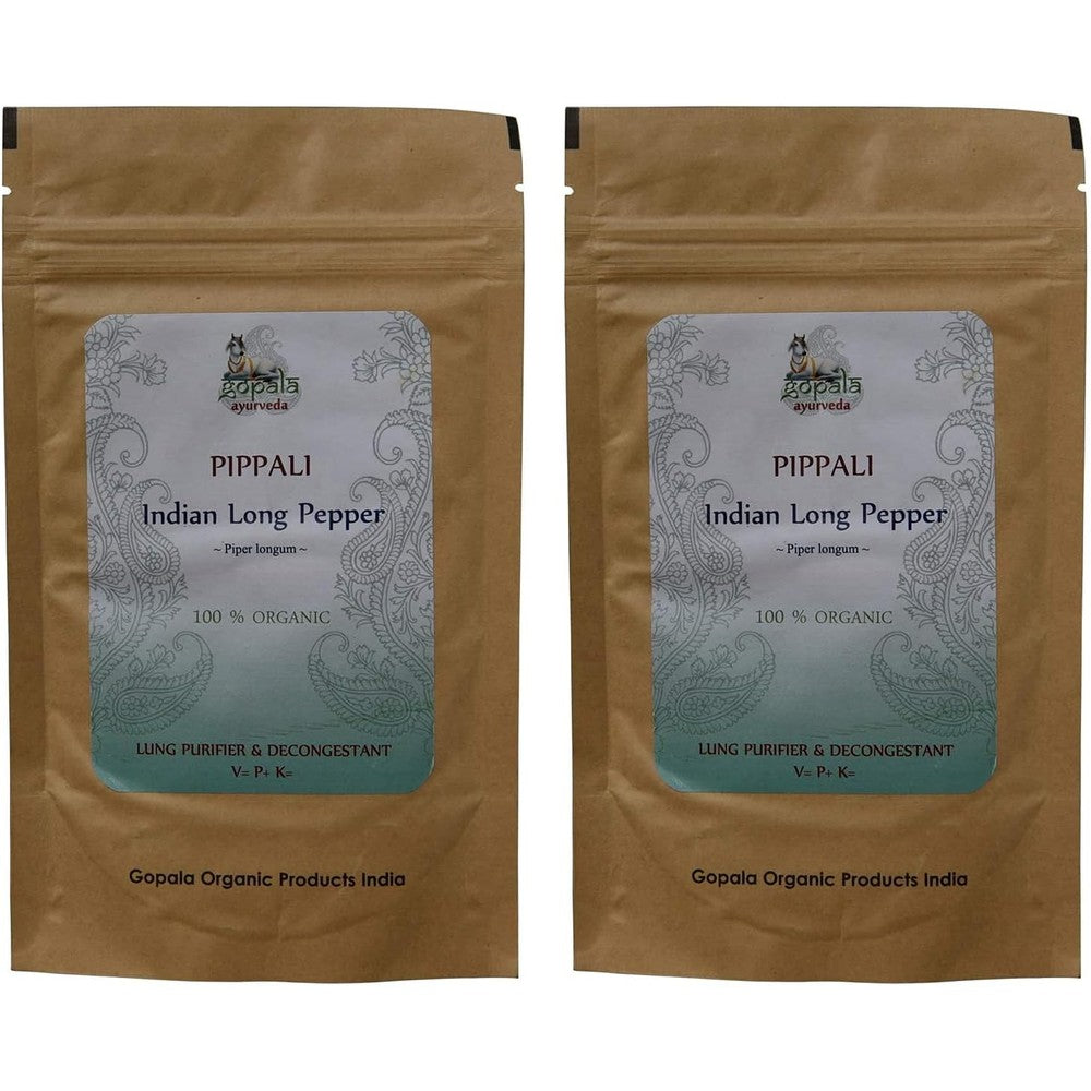 Gopala Ayurveda Pippali Powder front view of two organic packaging pouches.
