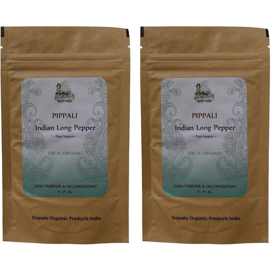 Gopala Ayurveda Pippali Powder front view of two organic packaging pouches.