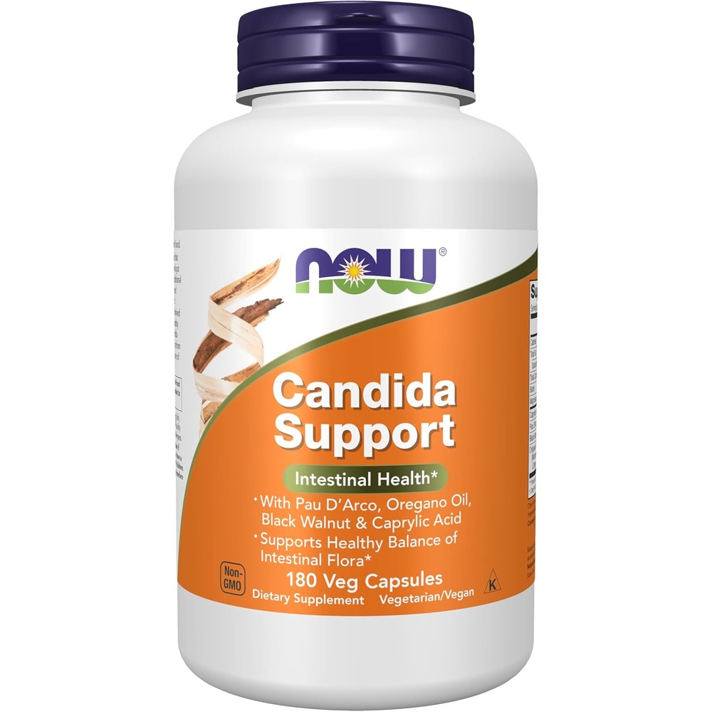 NOW Foods Candida Support 180 vegetarian capsules bottle front view showing gut health supplement label