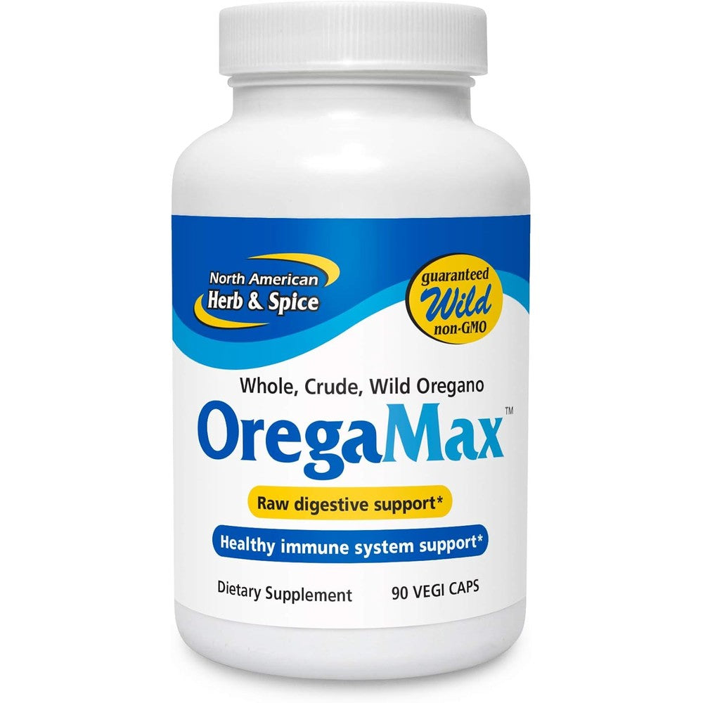 North American Herb & Spice OregaMax front view bottle showing wild oregano supplement capsules for immune support