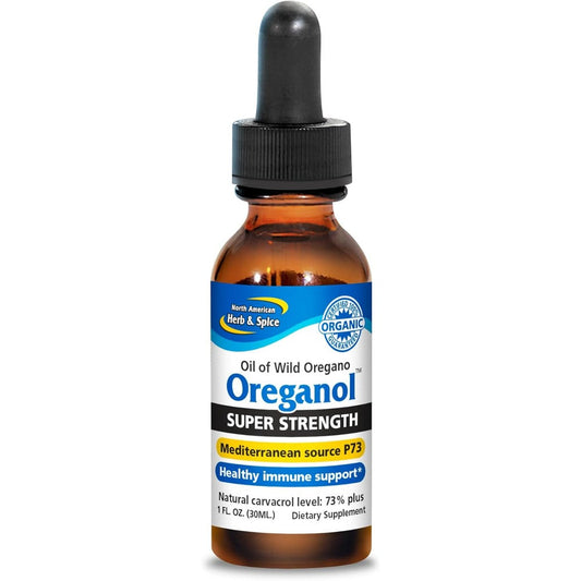 North American Herb and Spice Oreganol P73 Super Strength liquid front view for immune support.