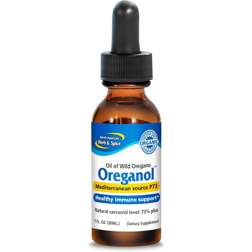North American Herb And Spice Oreganol P73 liquid drops bottle front view showing organic certification
