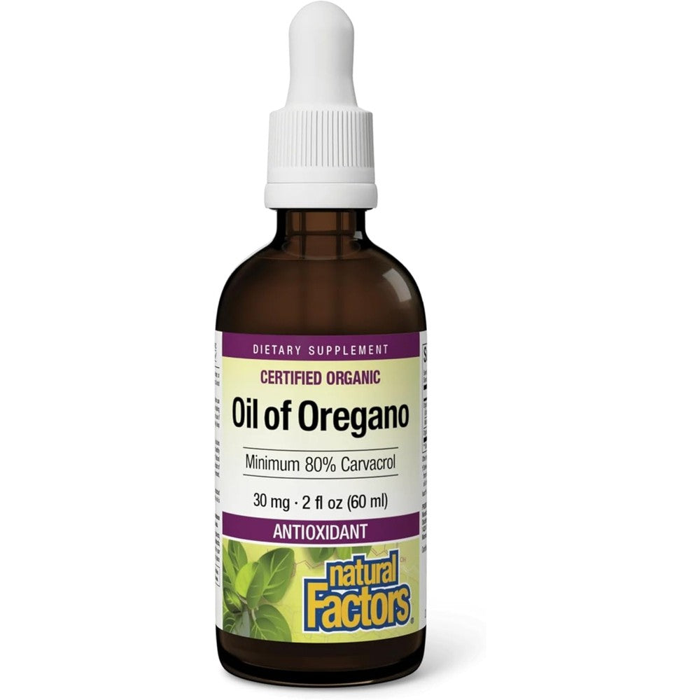 Natural Factors Certified Organic Oil of Oregano front label view on liquid bottle.