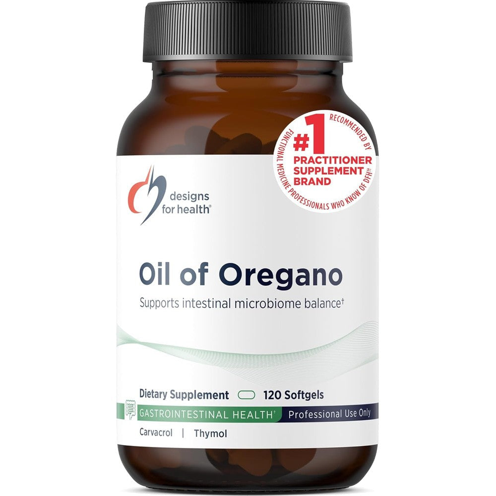Designs for Health Oil of Oregano 120 softgels bottle front view for immune support