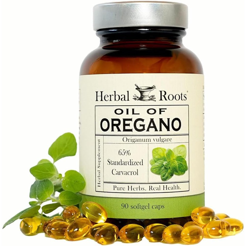 Herbal Roots Oil of Oregano 90 softgels front bottle view for immune defense