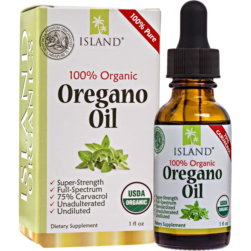 Island Nutrition Oregano Oil Drops front view bottle with dropper for immune support
