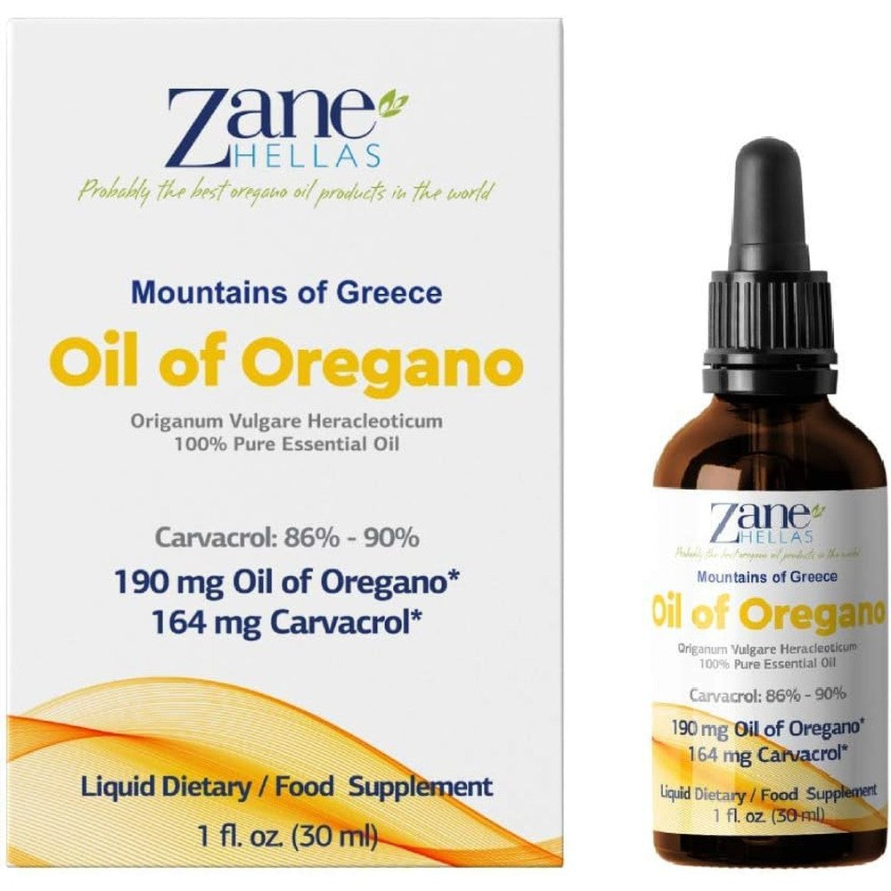 Zane Hellas 100 Percent Greek Undiluted Oil of Oregano 1 Fluid Ounce bottle front view for immune support.