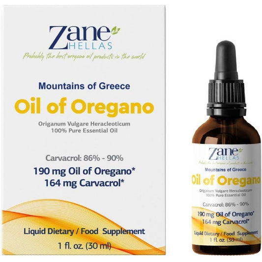 Zane Hellas 100 Percent Greek Undiluted Oil of Oregano 1 Fluid Ounce bottle front view for immune support.