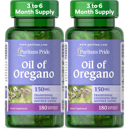 Puritan's Pride Oil of Oregano 180 softgels bottle front view for immune support