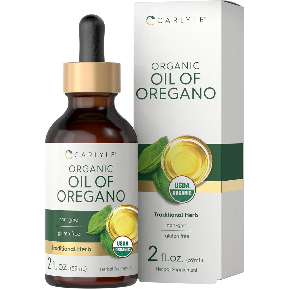 Carlyle Organic Oil of Oregano Liquid Drops bottle front view showing the certified organic label.