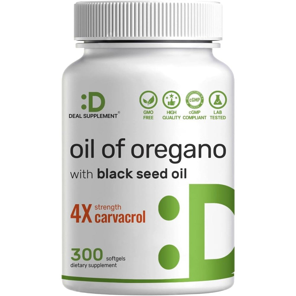 Deal Supplement Oil of Oregano and Black Seed Oil Complex 300 softgels bottle front view