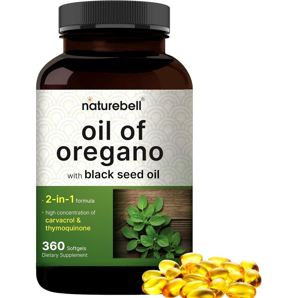 NatureBell Oil of Oregano and Black Seed Oil 360 softgels bottle front view immune supplement